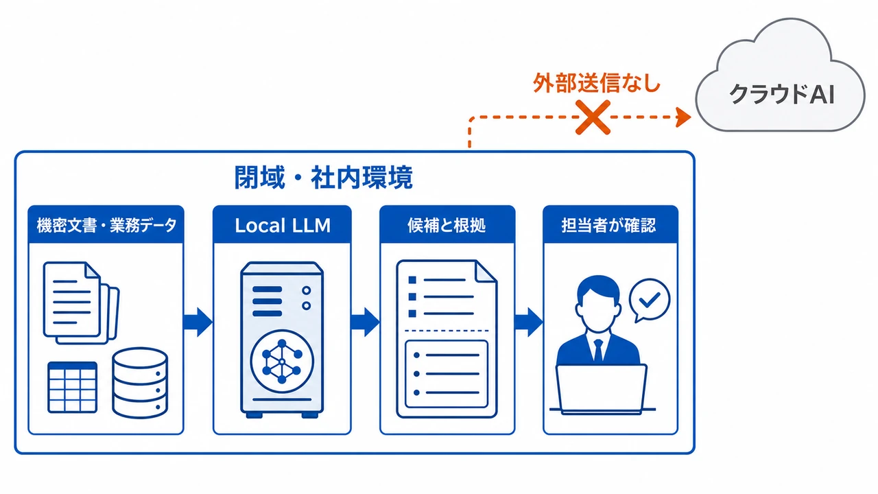 閉域・社内環境の中で機密文書や業務データをLocal LLMが処理し、候補と根拠を担当者が確認する一方、クラウドAIへの外部送信は行わない構成